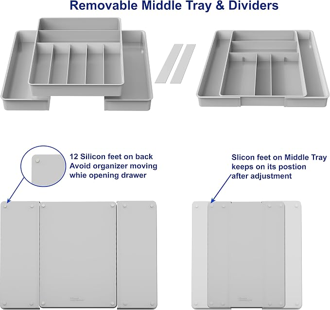 Simple Houseware Expandable Kitchen Drawer Flatware Organizer, Gray | Expandable Kitchen Drawer Flatware Organizer, Gray – Adjustable Cutlery Tray with 9 Compartments for Utensils and Silverware