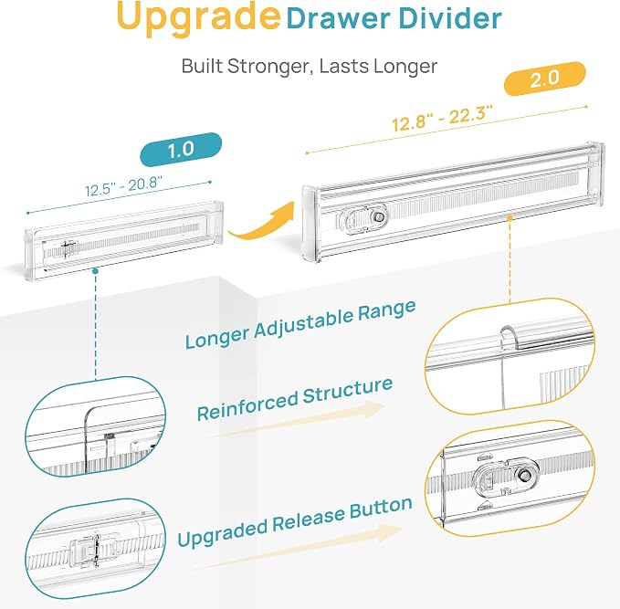 Vtopmart 8 Pack 2.36" Short Upgrade Drawer Dividers for Kitchen Drawer, 12.8"-22.3" Expandable Kitchen Drawer Organizer, Clear Plastic Organizer Separator for Flatware, Utensil, Cutlery, Underwear