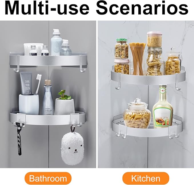 DUFU Adhesive Corner Shower Caddy with Hooks, Silver, 2 Pack | Bathroom Shower Organizer, No Drilling, Rust Proof Aluminum Shower Shelf For Inside Shower