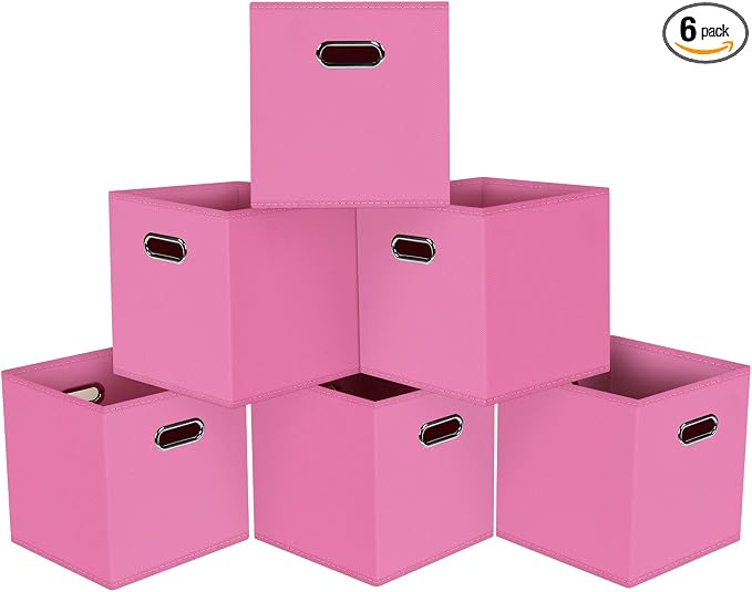 Black Foldable Storage Cubes Bins, Fabric Storage Box Cubes Organizer Baskets with Dual Handles for Home Organizer,Set of 6,(Pink)