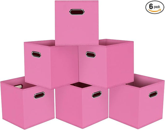 Black Foldable Storage Cubes Bins, Fabric Storage Box Cubes Organizer Baskets with Dual Handles for Home Organizer,Set of 6,(Pink)
