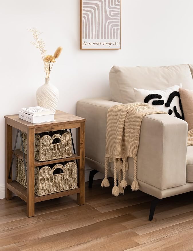 StorageWorks Scalloped Wicker Basket, Woven Baskets for Storage, Rattan Baskets with Handles, Seagrass Basket for Organizing and Decor, 2 Pack