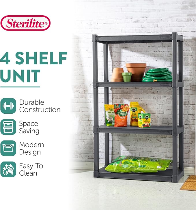Sterilite 4 Shelf Unit, Heavy-Duty Shelving Storage and Utility Rack - Standing Plastic Organizer Shelves for Kitchen, Bathroom, and Garage