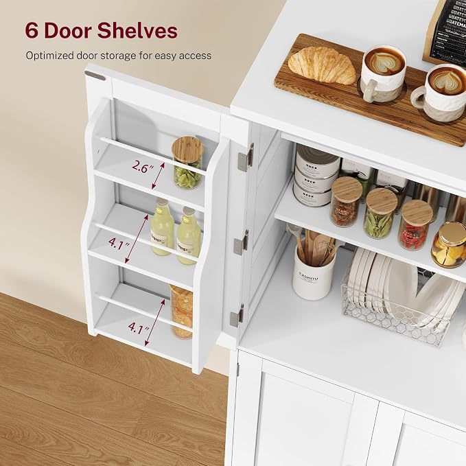 51" H Pantry Cabinet with 4 Doors, Kitchen Cabinet with 6 Door Shelves, Storage Cabinet for Living Room, Dining Room, Bathroom, White
