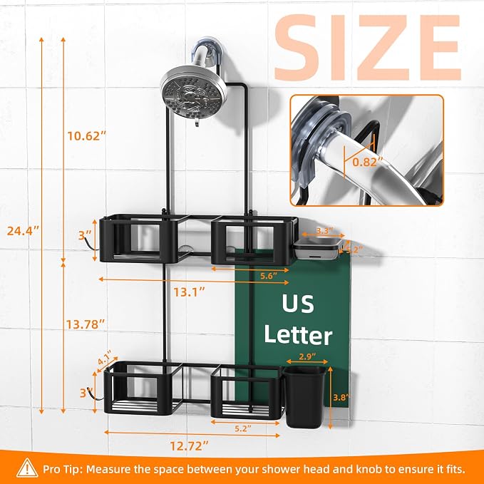 Haging Shower Caddy for Handheld Showerheads,Over Head Shower organizer | Rustproof,Soap Dish,Hooks,Toothbrush Holder,Anti-Swing Adhesive Strip &Suction Cup,For Bathroom,Apartment,RV,Dorm Use,Black