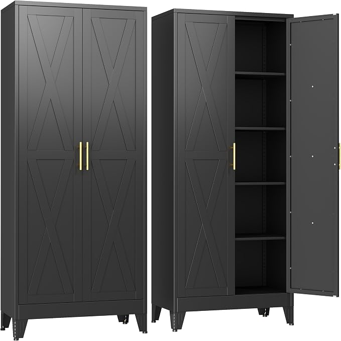 GAIOUS 71" Tall Kitchen Pantry Cabinet,Metal Storage Cabinet Black Cupboard | Steel Office Cabinet, Freestanding Bookcase with 2 Doors and 4 Adjustable Shelves, Bathroom Kitchen Home Garage Tool Cabinet
