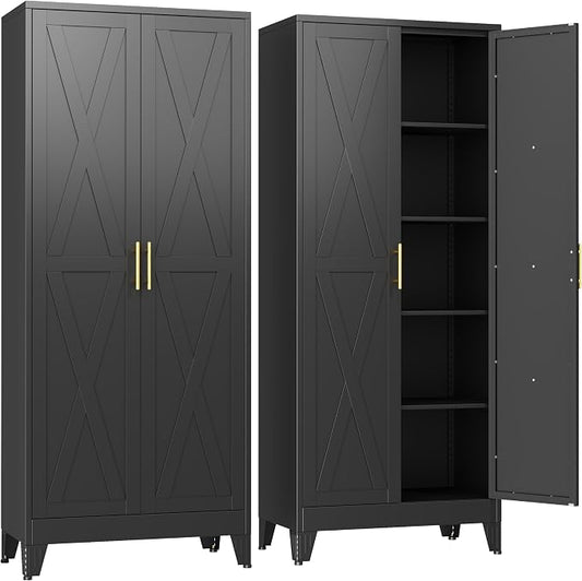 GAIOUS 71" Tall Kitchen Pantry Cabinet,Metal Storage Cabinet Black Cupboard | Steel Office Cabinet, Freestanding Bookcase with 2 Doors and 4 Adjustable Shelves, Bathroom Kitchen Home Garage Tool Cabinet