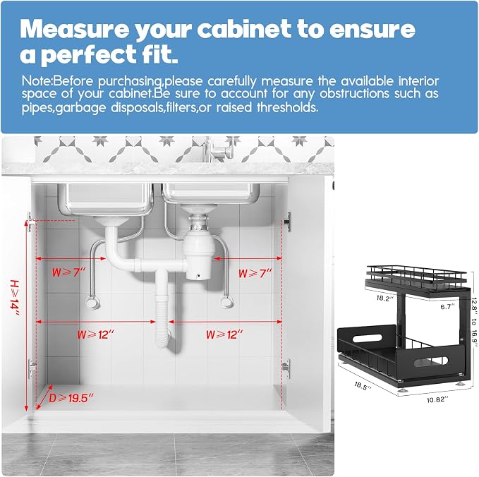 Under Sink Organizer Upgrade To Professional Rails,2-Tier Dual Pull Out Cabinet Storage,Height Adjustable Slide Out Drawers For Bathroom Kitchen,2 Pack-18.5"Dx12.8"-16.9"H,Black