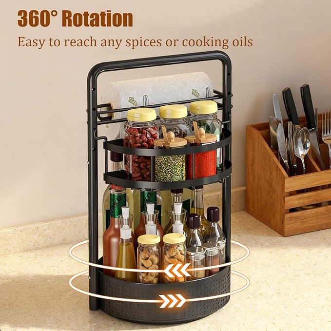 JEESA Rotating Spice Rack with Paper Towel Holder, Black | 2 Tier Lazy Susan, Sturdy Iron, Seasoning Organizer, Kitchen Countertop