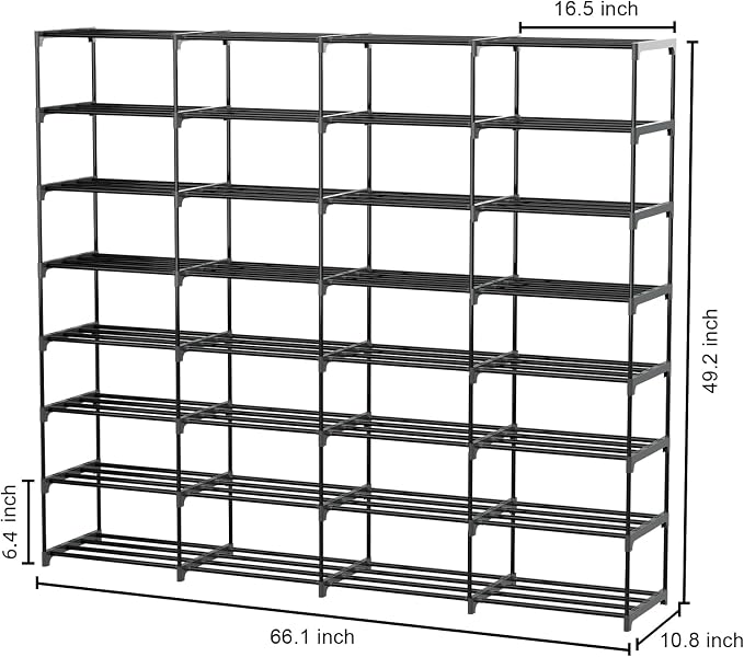 SMILHELTD Large Shoe Rack 4 Row 8 Tier for Entryway Holds 64 Pairs | Metal & Plastic Sneaker Shelves, DIY Assembly, Space Saving Storage Organizer for Garage Closet, 66.1"W x 49.2"H