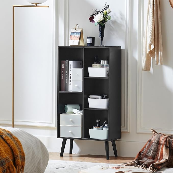 LEYAOYAO 5 Cube Bookshelf, Mid-Century Modern Book Shelf with Legs, Black | 3 Tier Bookcase, Rustic Wood Bookshelves Freestanding Small Storage Organizer, Open Shelves for Bedroom, Living Room, Office