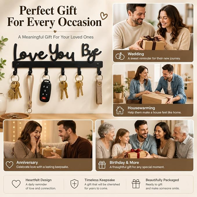 Love You Bye Sign Key Holder Hook Wall Mounted Key Holder Rack Organizer Hanger with 6 Hooks for Wall Express Love Art Decor for Entryway Front Door Kitchen Hallway Office (Love You Bye)