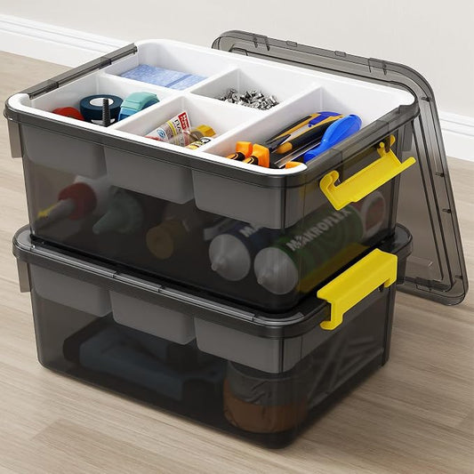 40Qt Stackable Storage Bins with Lids Trays Craft Box Organizers, 2Pack,GY | Clear Plastic Latching Boxes Organizers with Dividers Portable Containers for Arts & Crafts, Home Office Classroom Car Trunk