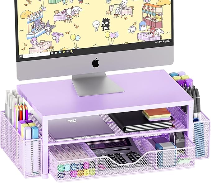 OPNICE Desk Organizer and Accessories, 2-Tier Computer Monitor Stand Riser with Drawer and 2 Pen Holders, Laptop Stand, Office Desk Accessories for Office Supplies, 1 Pack, Purple