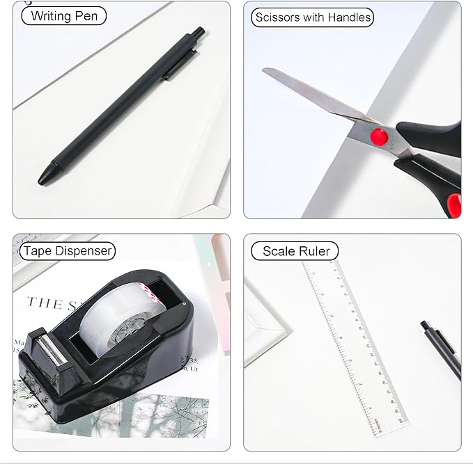 COMFYROOM Black Desk Accessories with Pen Holder, Office Supplies Desk Organizers and Accessories, Tape Dispenser, Stapler, Staple Remover, Staples, Clips Set, Ruler, Scissor, Pen, Tape (Black)