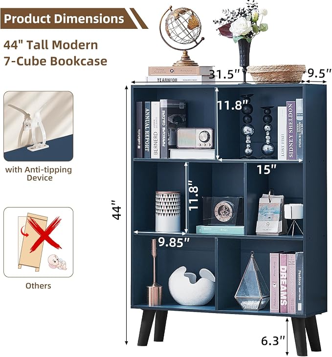 LEYAOYAO Cube Bookshelf, Mid-Century Modern Book Shelf with Legs, Dark Blue | 3 Tier Bookcase, Rustic Wood Bookshelves Freestanding Small Storage Organizer, Open Shelves for Bedroom, Living Room, Office