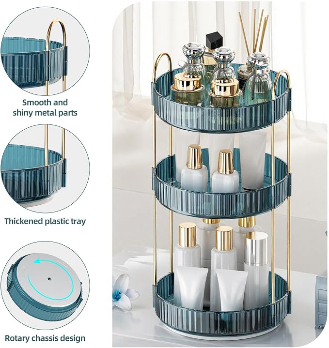 INVSSENE 360° Rotating Makeup Organizer, Bathroom Organizers and Storage Holder Rack, Large Capacity Vanity Shelf Countertop, Fits Cosmetics, Perfume, Skin Care(Blue, 3 Tiers)