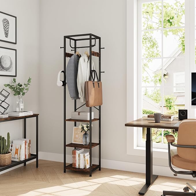 Coat Rack Freestanding, Hall Tree with 3 Shelves and 12 Hooks, Rustic Brown | Industrial Metal Frame, Space-Saving Design, Clothes Rack Stand Organizer for Bedroom, Hallway, Entryway, Office, Living Room
