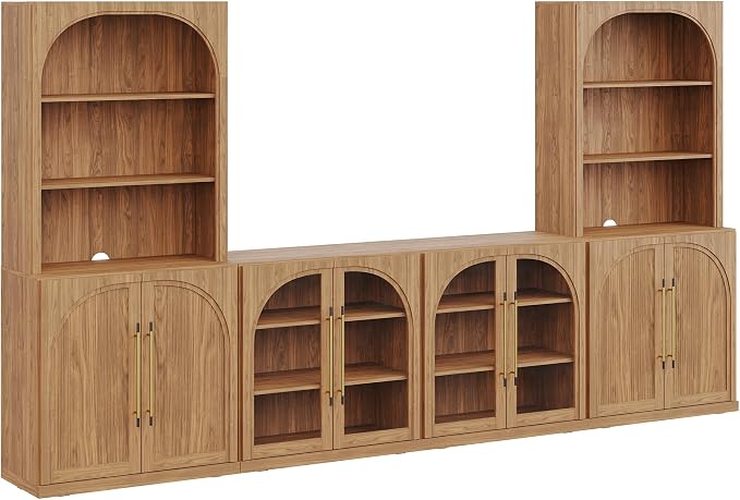 BELLEZE 6-Piece Modular TV Stand Set - 2 Arched Glass Cabinets, 2 Double-Arc Wood Door Bases, and 2 Hutch Units, Classic Modern Entertainment Center with Adjustable Shelves for Living Room(Camel)