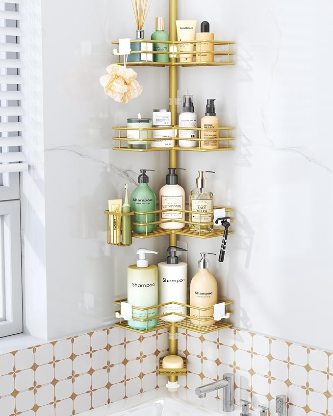 HapiRm Corner Shower Caddy Shelves - Shower Rack with Toothbrush Holder | Shower Organizer with Soap Holder and 4 Hooks,Rustproof Bathroom Storage Tension Pole Available for 27.6 to 108.3 Inch - Gold
