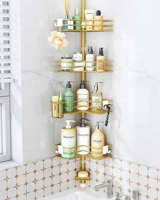 HapiRm Corner Shower Caddy Shelves - Shower Rack with Toothbrush Holder | Shower Organizer with Soap Holder and 4 Hooks,Rustproof Bathroom Storage Tension Pole Available for 27.6 to 108.3 Inch - Gold