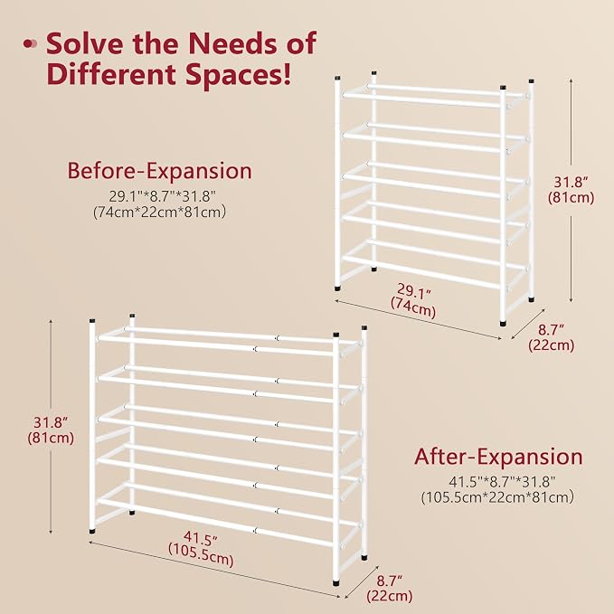 Expandable Shoe Rack for Closet 5 Tier, 28“-41“Stackable, White | Adjustable Shoe Organizer Closet Shoe Rack Floor, Metal Shoe Shelf Storage for Entryway, Closet, Garage, Front Door Entrance