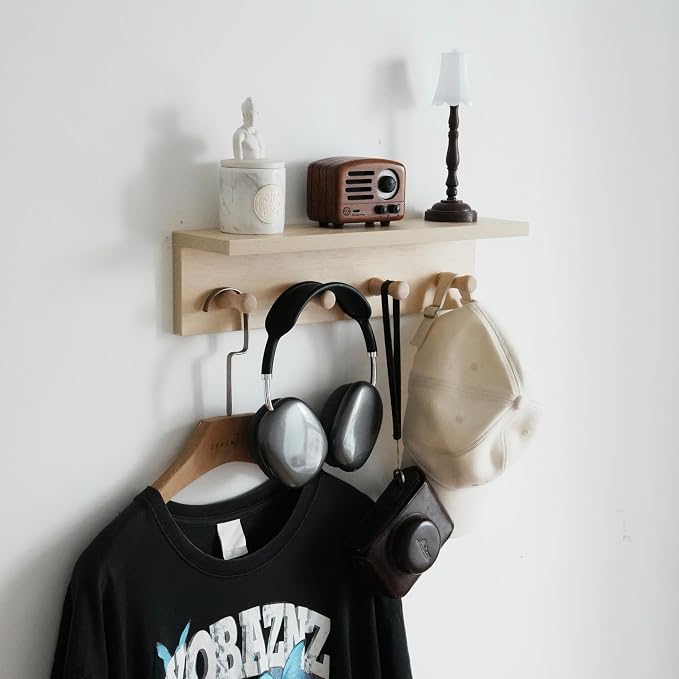 Entrance Coat Rack ，Coat Hooks, Wall-Mounted Wooden Hook Rack, Wall-Mounted Shelves are Very Suitable (Birch Color Finish—A-2)
