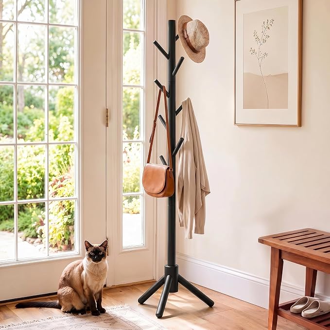 AMADA Solid Wooden Coat Rack Freestanding with 8 Hooks, Black | 100% solid wood, 3 height options, widened base for stability, tool-free assembly, smooth rods & hooks prevent clothing snags