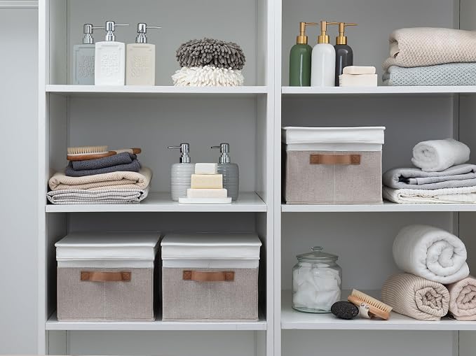 StorageWorks Fabric Storage Bins with Lids, Decorative Storage Bins with PU Handles, Foldable Storage Baskets for Closet, Shelves, Stackable and Sturdy Organization, Brown and White, Large, 3-Pack