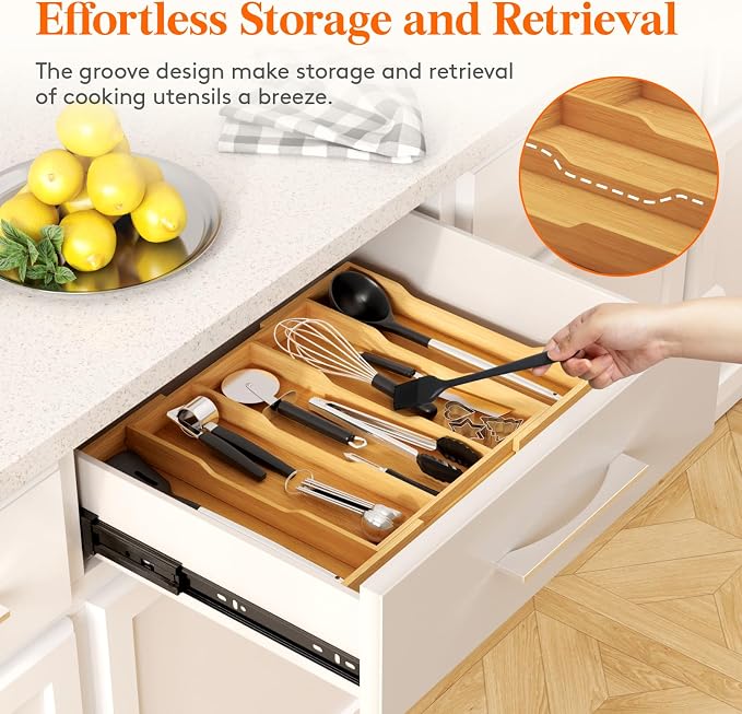 Lifewit Utensil Organizer for Kitchen Drawer, Expandable Cooking Utensil Tray, Cutlery Silverware Flatware Holder, Wood Adjustable Spatula Tools Storage Divider, 12.6-22.8x14/ 32-58x35.6cm, Natural