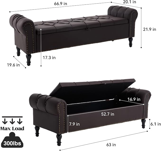 Faux Leather Storage Bench 67 Inch Upholstered Tufted Ottoman Bench with Arms Large Storage Space King Size End of Bed Bench for Bedroom Living Room Entryway Whiskey Coffee