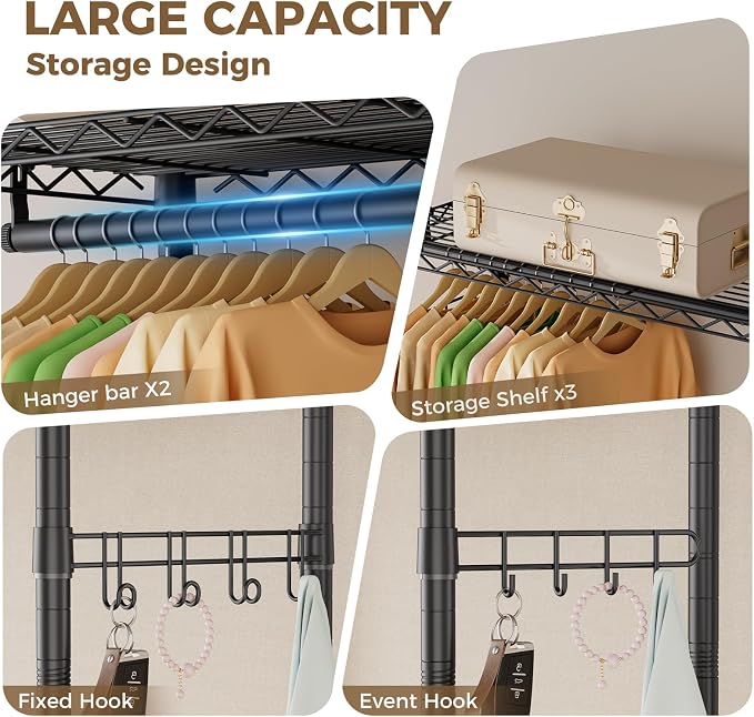 Golpart Heavy Duty Rolling Clothes Rack Wheels Portable Metal Garment Rack | Wardrobe Adjustable Wire Shelving Metal Double Clothing Racks for Hanging Clothes Organizer Closet Laundry Room Organization