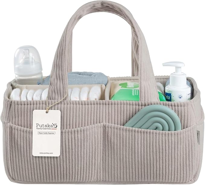 PUTSKA Baby Diaper Caddy Organizer, Nursery Basket, Gray Corduroy