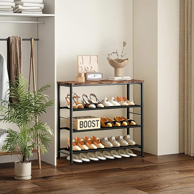 INGIORDAR 4 Tier Shoe Rack Storage Organizer Shelf Top with MDF Board | Space-Saving,with 3 Layer Fabric,stores 16+Pairs of Shoes for Closet,Entryway,Bedroom,Living Room Garage,Black+Rustic Brown