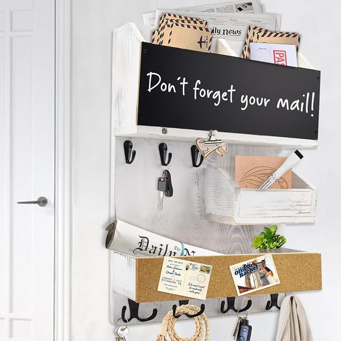 Mail Organizer Wall Mount，Key Holder Mail and Key Organizer for Wall with Shelf, Chalkboard, Corkboard, Home Decor for Room Office Entryway(Ivory White)