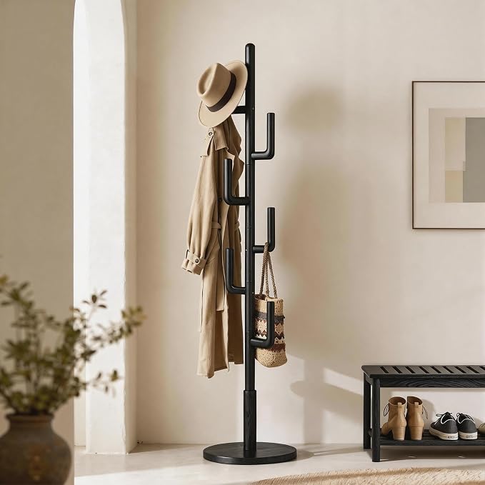 Coat Rack,Solid Wood Cactus Freestanding Coat RackWith 6 L-Shaped Hooks and 3 Adjustable Sizes,Coat Tree for Bedroom, Entryway, Livingroom, Coat Hanger Stand for Coats, Handbags (Black)