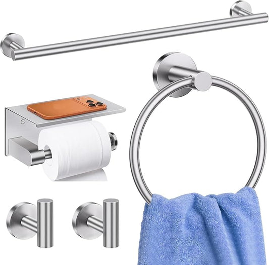 5 Pieces Brushed Nickel Bathroom Hardware Accessories Set, SUS304 Stainless Steel 24 Inch Bath Towel Bar Set, Round Bathroom Towel Holder Set, Towel Racks for Bathroom Wall Mounted