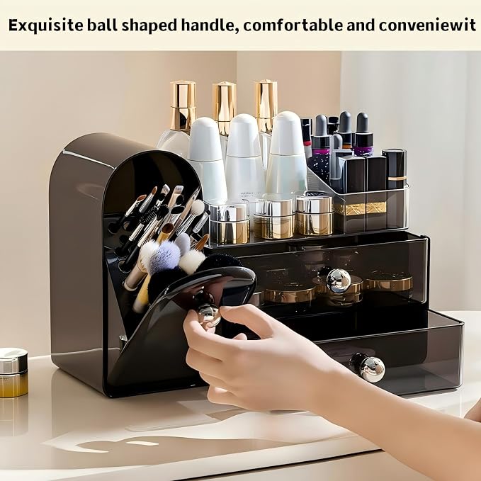 Makeup Organizer for Vanity with Brush Holder,Skincare Organizer | Large Makeup Storage,Bathroom Counter Organizer,Waterproof,Dustproof,Vanity Organizer Countertop,Durable,Easy-Clean,Black