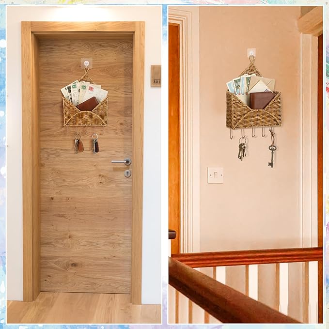 Gerrii Wicker Key Holder for Wall Rattan Mail Shape Holder with 5 Hooks Boho Modern Farmhouse Wall Hanging Decor for Entryway Living Room Office Key Letter Newspaper Files Organizer