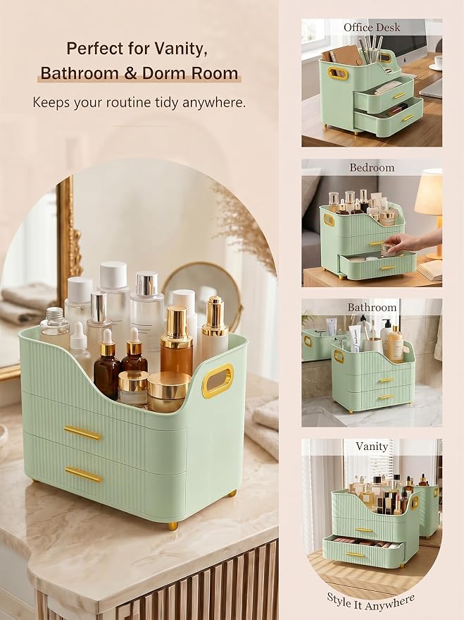 Booklov Large Makeup Organizer for Vanity, Bathroom Countertop, Green | Plastic Cosmetic Display Case with Drawers, Beauty Brush Holder for Dresser Counter Skincare Eyeshadow Lipstick Storage