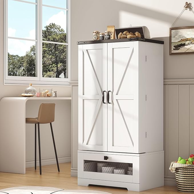kepptory Farmhouse Pantry Cabinet with Barn Door & Adjustable Shelves, Freestanding Kitchen Storage Cabinet for Dining Room, Bathroom, Hallway (White)
