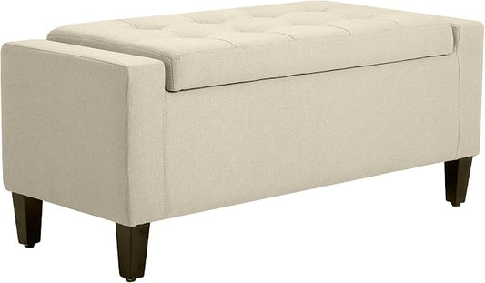 HOMCOM 36" Ottoman with Storage, Lift Top Rubberwood Legs 330 lb Beige | Storage Ottoman Bench, Linen Upholstered Entryway Seat, Living Room, Bedroom