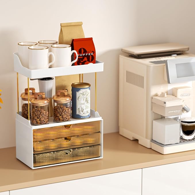 StorBin Arcylic 5-Tier Makeup & Skincare Organizer for Vanity, Bath | Smooth 3 drawers, clear body, gold frame, non-slip, for perfumes, serums, face masks, palettes, vanity & bath counter,Amber