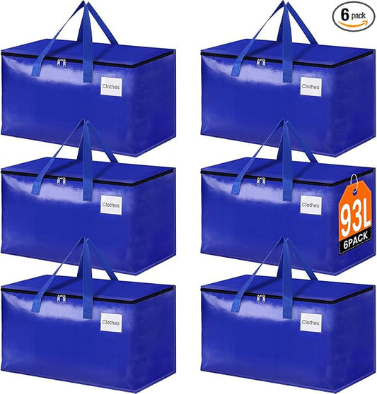 StorageRight Moving Bags-Heavy Duty Moving Boxes, Storage Totes with Zipper, Reinforced Handles and Tag Pocket-Collapsible Moving Supplies for moving, Storage and Travel 93L(Blue-6 Pack)