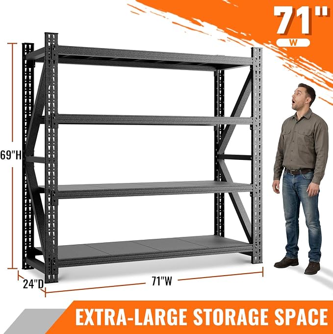 5000LBS Garage Shelving, 71" W Heavy Duty Metal Adjustable 4 Tier Storage for Warehouse, Basement, Shop and Office, Commercial-Grade Industrial Shelving, 71" W x 24" D x 69" H