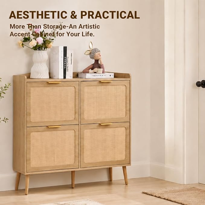 Shoe Cabinet, Rattan Shoe Storage Cabinet for Entryway with Flip Drawers | 4 Flip Drawers, Breathable Rattan, Odor Resistant, Hidden Shoe Organizer, Slim Space Saving, Narrow Cabinet, Entryway Storage