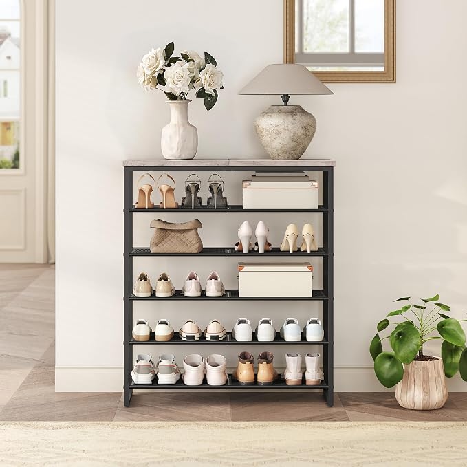 HOOBRO Shoe Rack, 6-Tier Shoe Organizer, for 18-24 Pairs of Shoes, Large Capacity Shoe Storage Shelf, for Entryway, Closet, Hallway, Dorm Room, Industrial, Greige and Black BG67XJ01G1