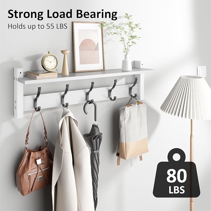 Optish Coat Rack Wall Mount with Shelf, 24 Inch Coat Hanger Walls Mounted, Hat Rack for Walls, Shelf with 5 Coat Hooks, Wall Hanger for Entryway (White)