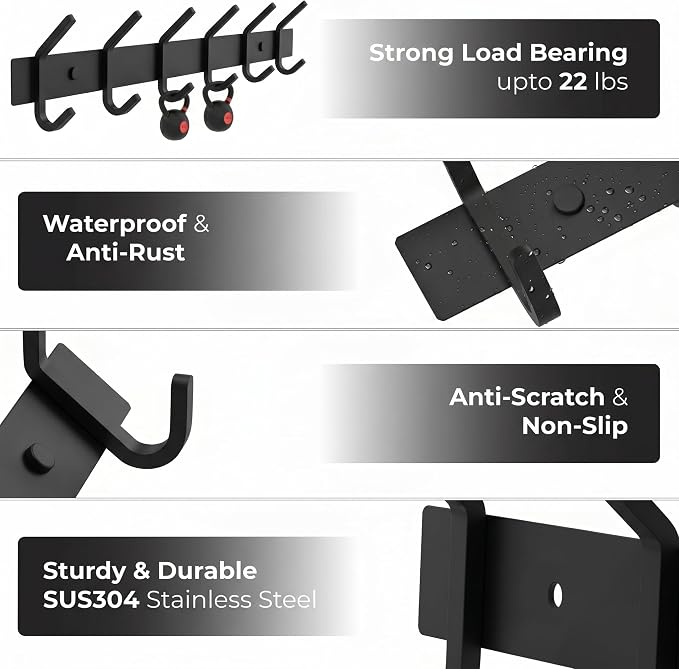 Coat Rack Wall Mount – 17 Inch Stainless Steel Hook Rail with 6 Double Coat Hooks for Hanging – Wall Mounted Entryway Organizer for Coats, Hats, Bags, Towels, Robes, Closet or Bathroom - Black 2 Pack
