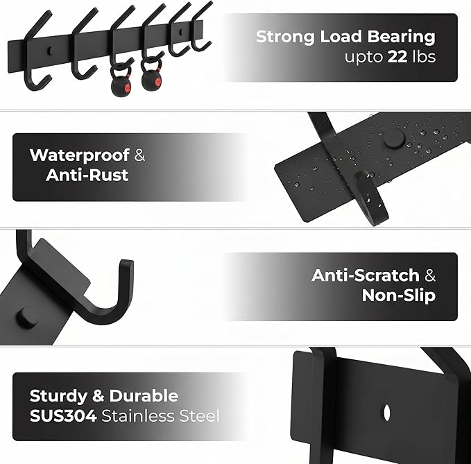 Coat Rack Wall Mount – 17 Inch Stainless Steel Hook Rail with 6 Double Coat Hooks for Hanging – Wall Mounted Entryway Organizer for Coats, Hats, Bags, Towels, Robes, Closet or Bathroom - Black 4 Pack